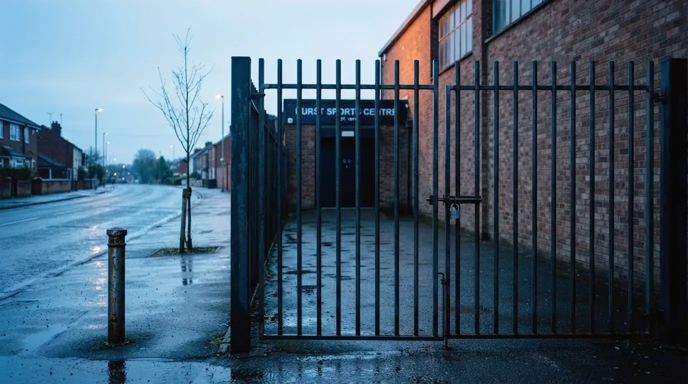 Wysoka bramka wejściowa z metalowych prętów przed halą sportową o świcie, pusta ulica i mokry chodnik.